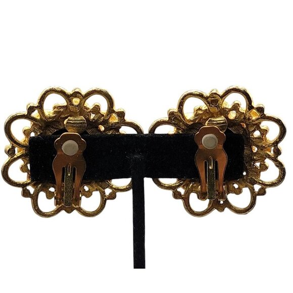 Runway Style Clip-On Earrings Gold Black Stone Center - Picture 14 of 14